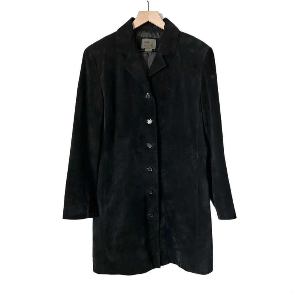 Vintage Outfit JPR Leather Black Suede Trench Coat Jacket Longline Button Size 8 - Picture 2 of 7